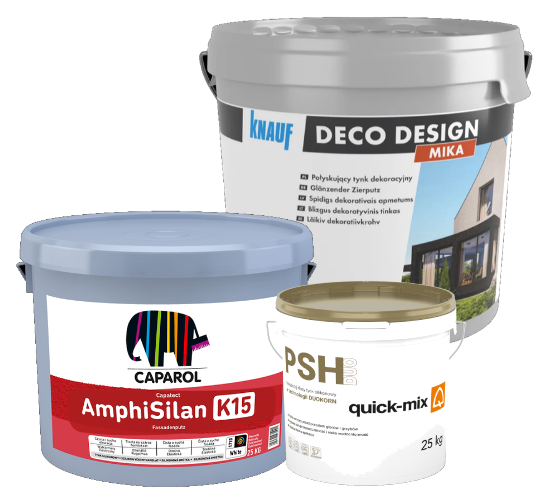 Materiały do systemów dociepleń: Caparol AmphiSilan, Knauf Deco Design Mika i quick-mix PSH DUO